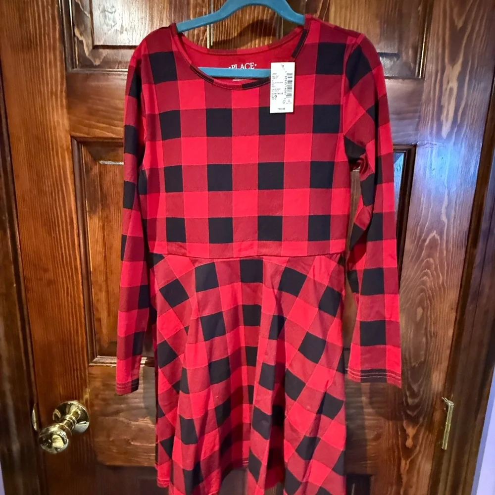 Kids Place Red and Black plaid and Flare Dress with Cuffed Sleeves